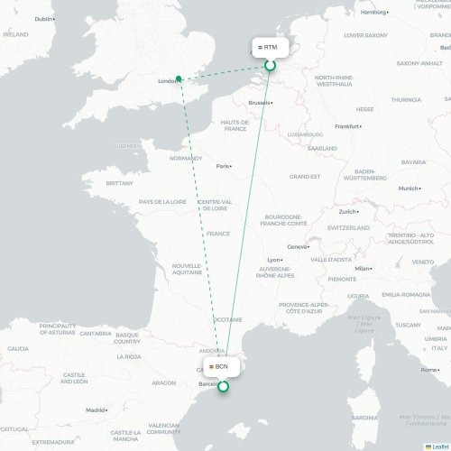 Rotterdam - Barcelona kaart van rechtstreekse vlucht