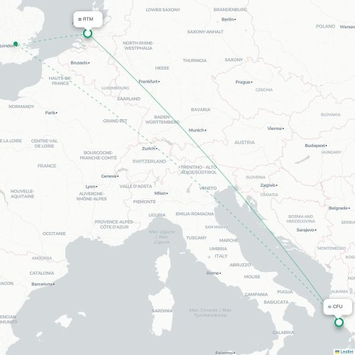Rotterdam - Korfu, Corfu kort over direkte fly