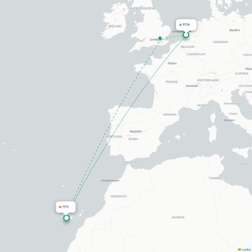 Mapa de vuelo directo Rotterdam - Granadilla de Abona