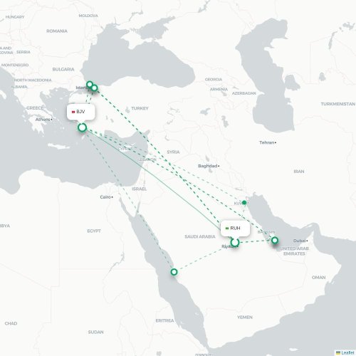 Mapa de vuelo directo Riad - Bodrum