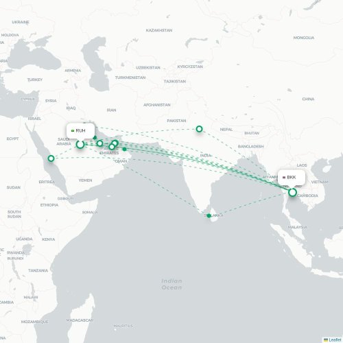 Mapa de vuelo directo Riad - Bangkok