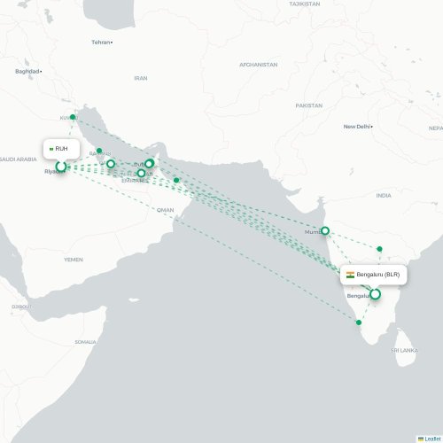 Mapa de vuelo directo Riad - Bangalore