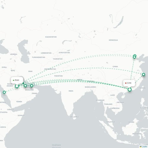 Mapa de vuelo directo Riad - Cantón