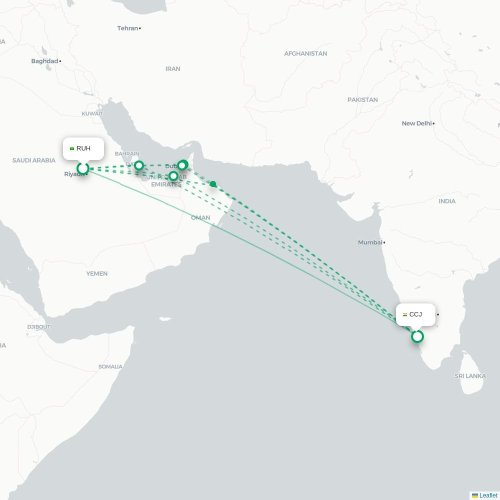 Mapa de vuelo directo Riad - Kozhikode
