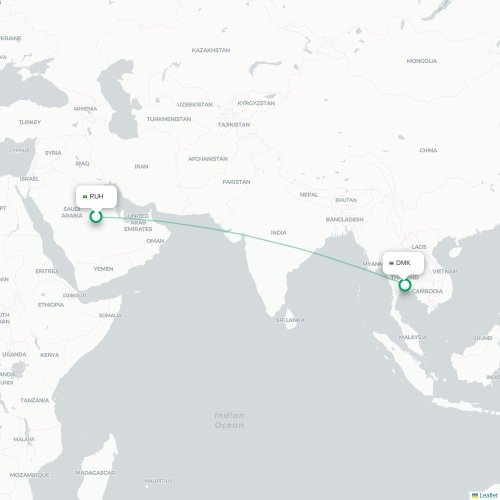 Mapa de vuelo directo Riad - Bangkok
