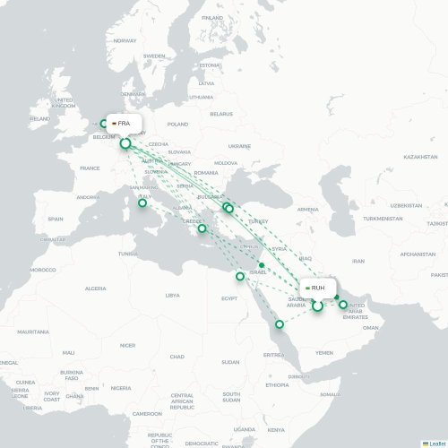 Riyadh - Frankfurt karta över direktflyg