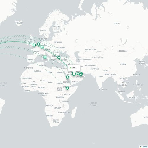 Mapa de vuelo directo Riad - Washington D. C.