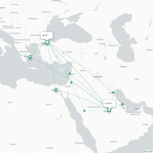 Mapa de vuelo directo Riad - Estambul