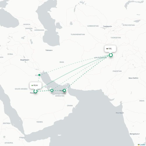 Mapa lotu bezpośredniego Rijad – Kabul