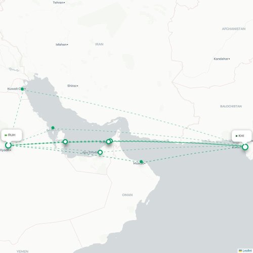 Mapa de vuelo directo Riad - Karachi