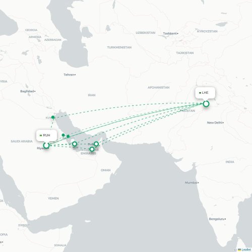 Mapa de vuelo directo Riad - Lahore