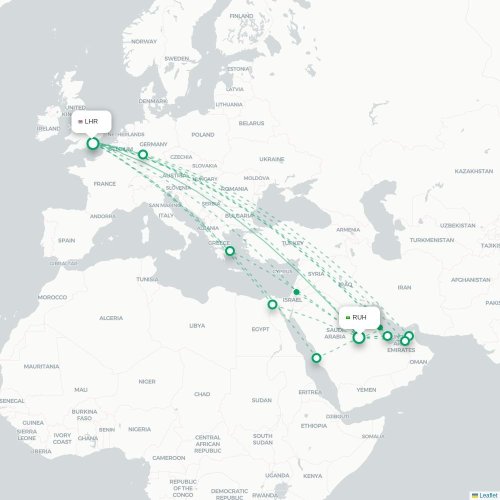 Mapa de vuelo directo Riad - Londres