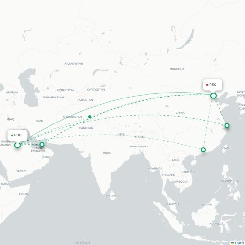 Mapa de vuelo directo Riad - Pekín