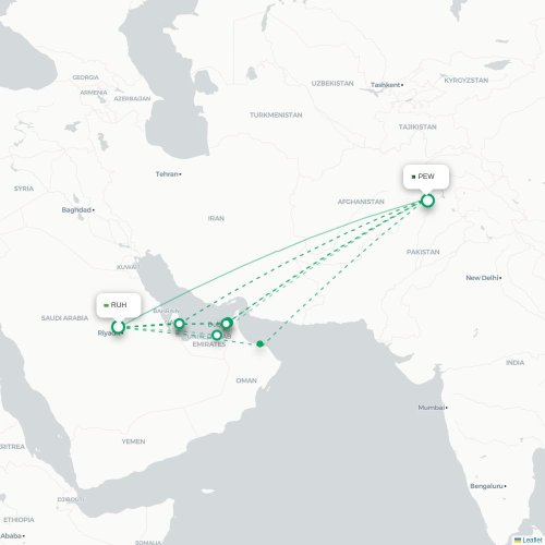 Mapa de vuelo directo Riad - Peshawar
