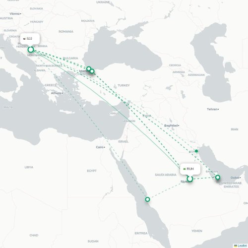 Mapa de vuelo directo Riad - Sarajevo