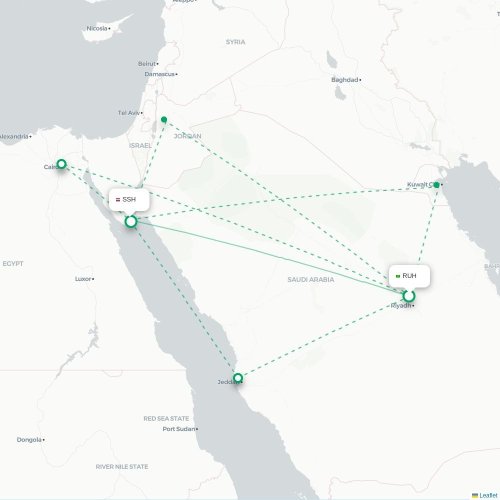 Mapa de vuelo directo Riad - Sharm el-Sheij