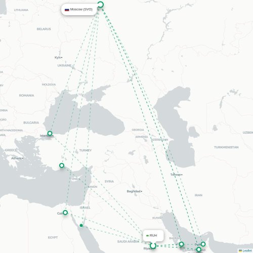 Mapa de vuelo directo Riad - Moscú