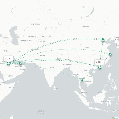 Mapa de vuelo directo Riad - Shenzhen