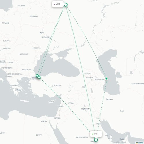 Mapa de vuelo directo Riad - Moscú