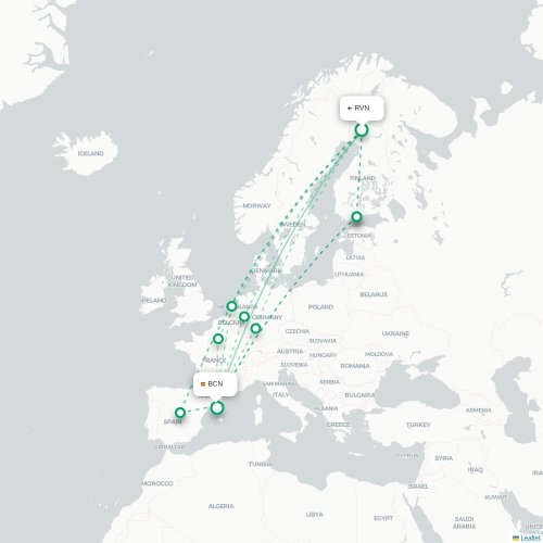 Mapa de vuelo directo Rovaniemi - Barcelona
