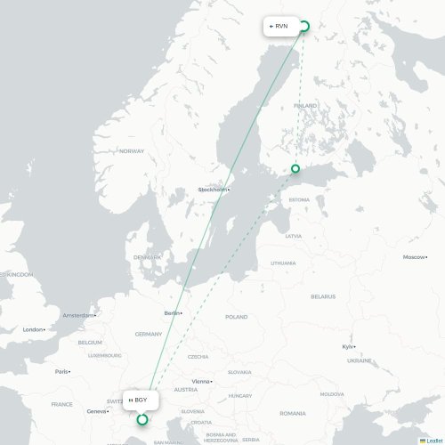 Mapa de vuelo directo Rovaniemi - Bérgamo