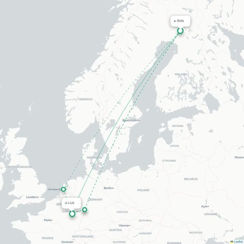 Mapa de vuelo directo Rovaniemi - Luxemburgo