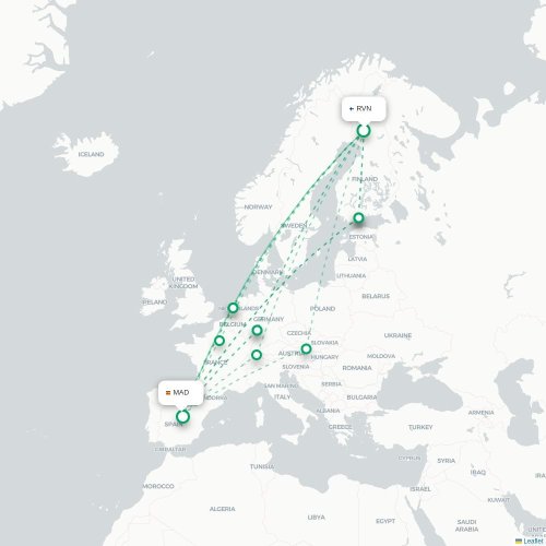 Mapa de vuelo directo Rovaniemi - Madrid