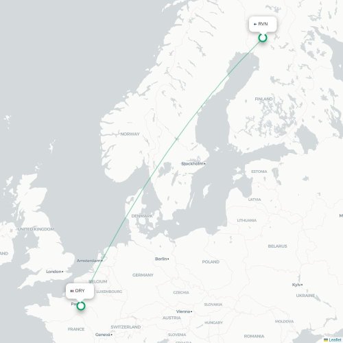 Mapa lotu bezpośredniego Rovaniemi – Paryż