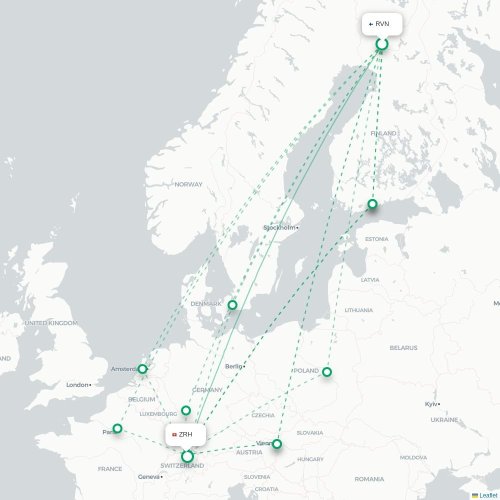 Mapa de vuelo directo Rovaniemi - Zúrich