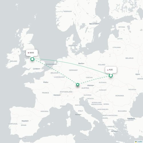 Mapa lotu bezpośredniego Rzeszów – Manchester