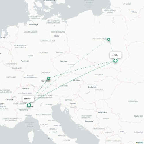 Mapa lotu bezpośredniego Rzeszów – Mediolan