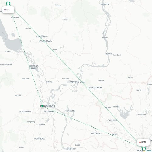 Mapa lotu bezpośredniego Siem Reap – Ho Chi Minh