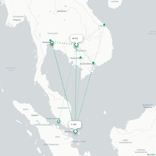 Mapa lotu bezpośredniego Siem Reap – Singapur