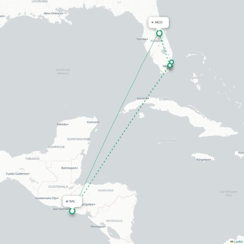 Mapa lotu bezpośredniego San Salwador – Orlando