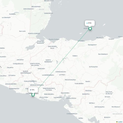 Mapa lotu bezpośredniego San Salwador – Coxen Hole