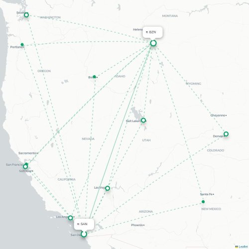 San Diego - Bozeman kaart van rechtstreekse vlucht