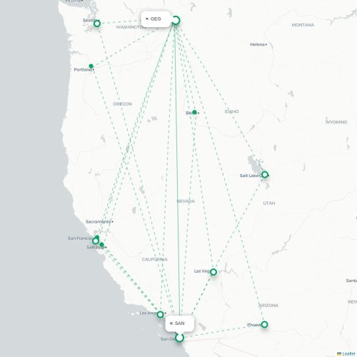 Mapa de vuelo directo San Diego - Spokane