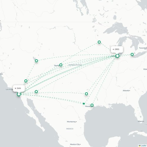 Mapa lotu bezpośredniego San Diego – Chicago