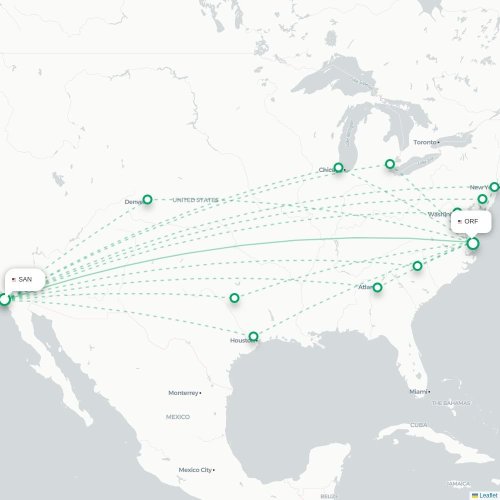 Mapa lotu bezpośredniego San Diego – Norfolk