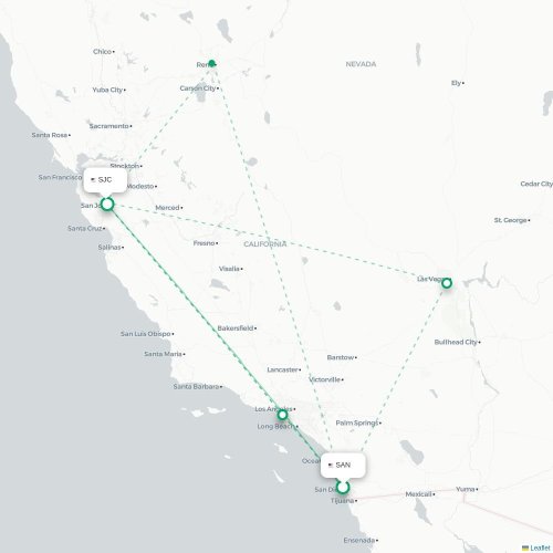 Mapa lotu bezpośredniego San Diego – San Jose