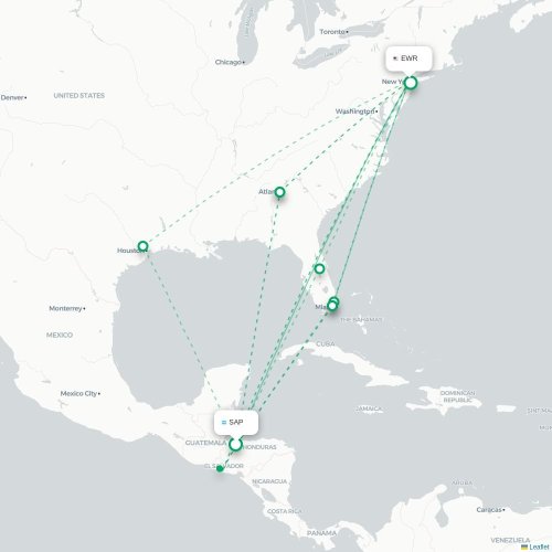 Mapa lotu bezpośredniego San Pedro Sula – Newark