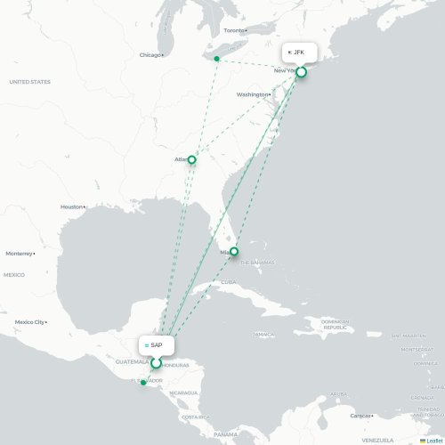 San Pedro Sula - New York kaart van rechtstreekse vlucht