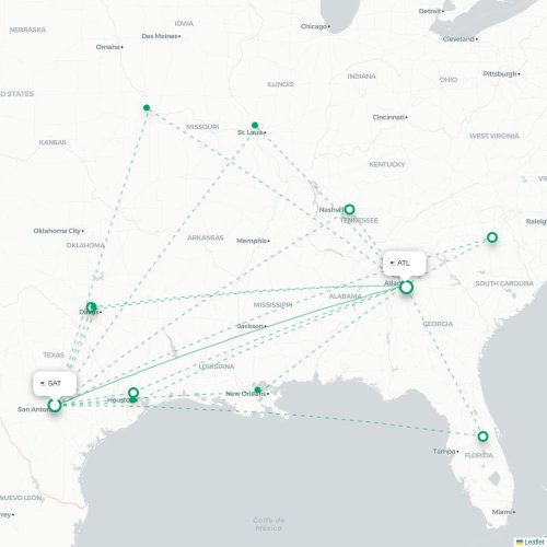 Mapa lotu bezpośredniego San Antonio – Atlanta