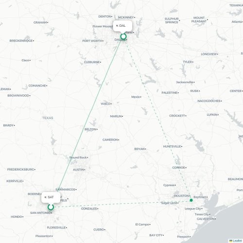 Mapa lotu bezpośredniego San Antonio – Dallas