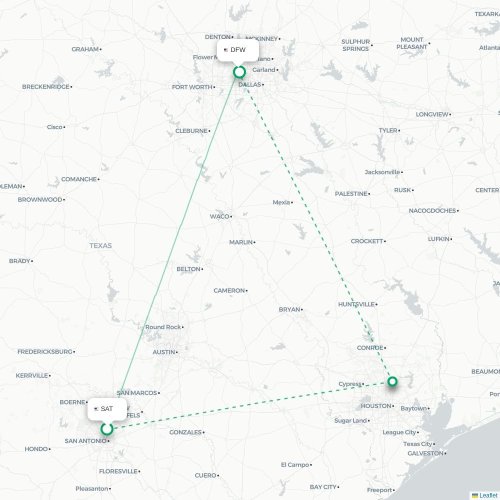 Mapa lotu bezpośredniego San Antonio – Dallas