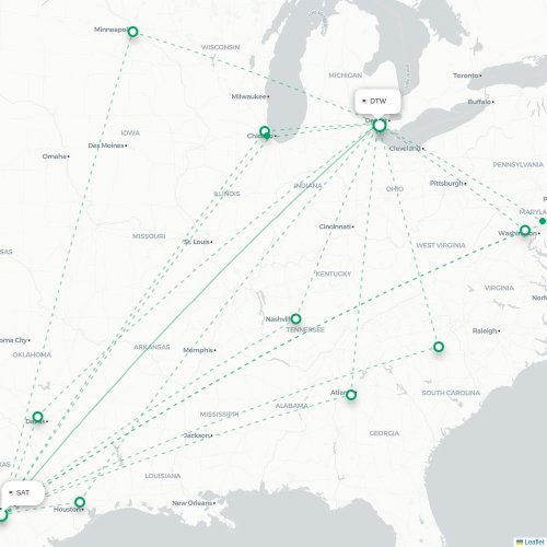 San Antonio - Detroit kort over direkte fly