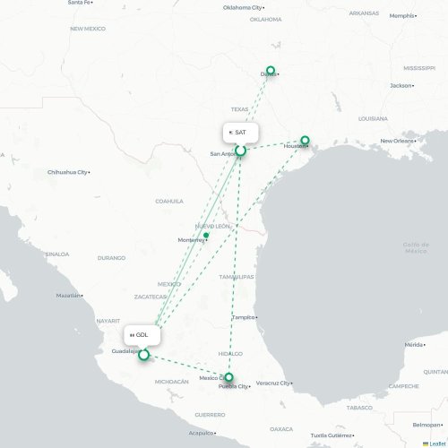 San Antonio - Guadalajara kort over direkte fly