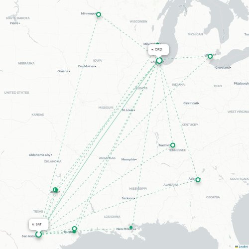 Mapa lotu bezpośredniego San Antonio – Chicago