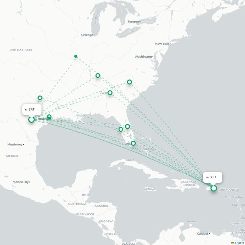 Mapa de vuelo directo San Antonio - San Juan