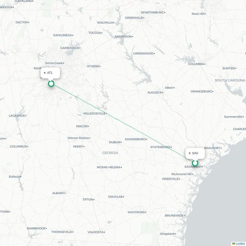 Mapa lotu bezpośredniego Savannah – Atlanta